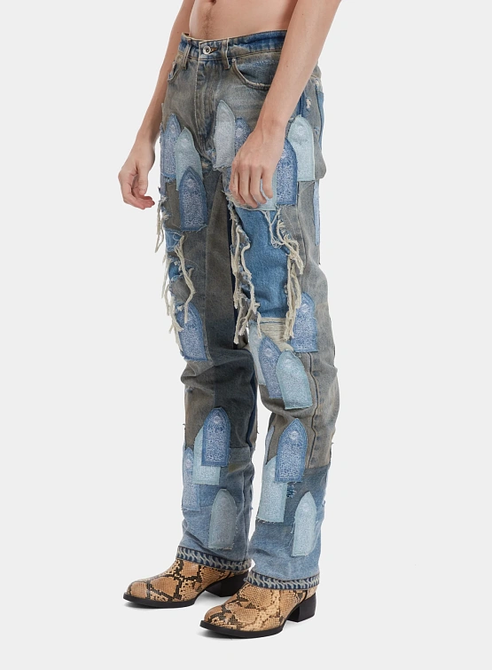 Джинсы WHO DECIDES WAR Patched Arch Repaired Blowout Denim