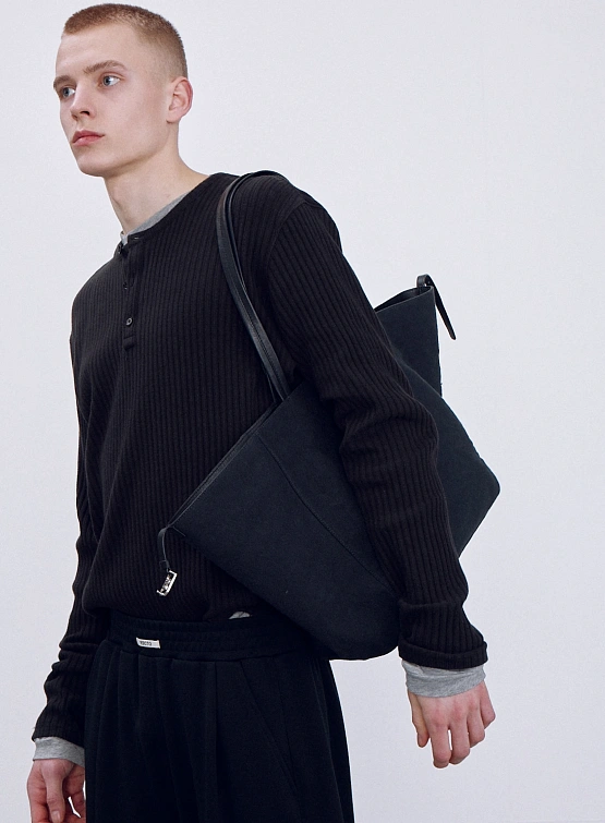 正規品★RECTO★RC LOGO JACQUARD PATCH HENLEY NECK T-SHIRT★ Лонгслив Recto RC Logo Jacquard Patch Henley Neck Black