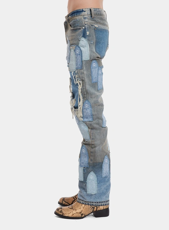 Джинсы WHO DECIDES WAR Patched Arch Repaired Blowout Denim