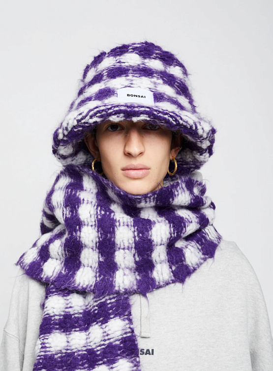 Шапка BONSAI Oversize Knit Puff Bucket Hat Purple White