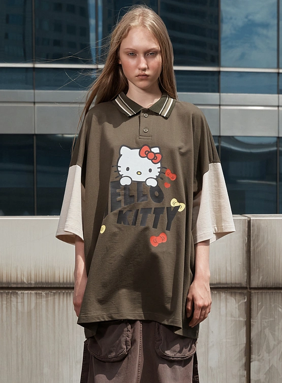 Футболка OPEN YY Hello Kitty x YY Collared T-Shirt Khaki