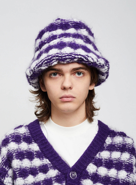 Шапка BONSAI Oversize Knit Puff Bucket Hat Purple White