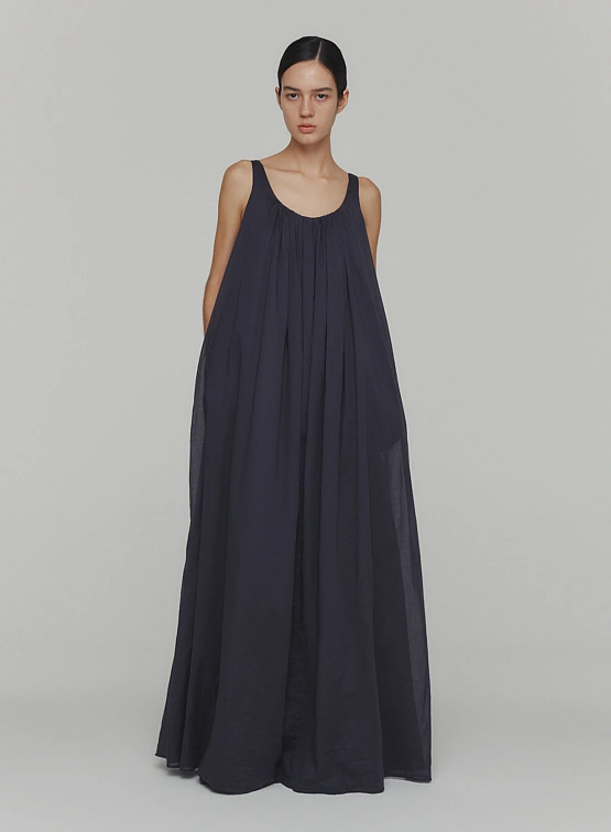 Женское платье AMOMENTO Neck Shirring Sheer Long Dress Navy