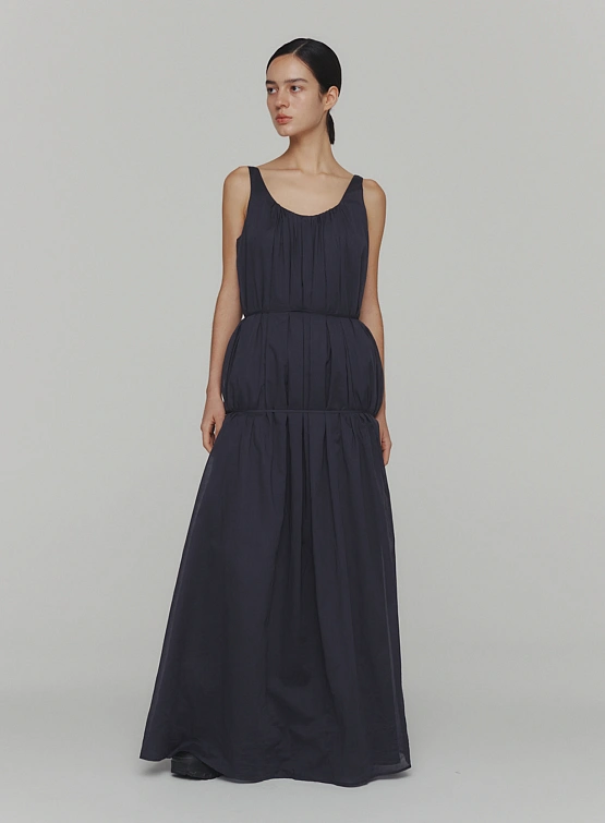 Женское платье AMOMENTO Neck Shirring Sheer Long Dress Navy