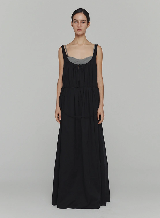 Женское платье AMOMENTO Neck Shirring Sheer Long Dress Black